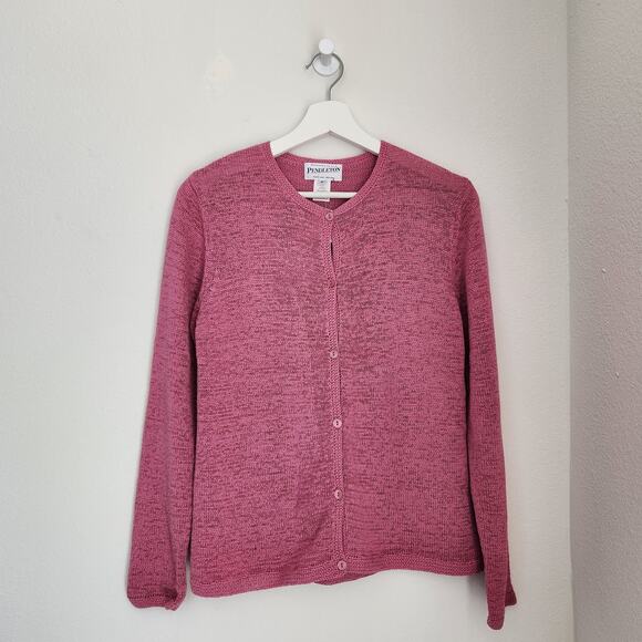 Pendleton Sweaters - Vintage 80s 90s Pendleton Pink Open Knit Button Front Cardigan Sweater S